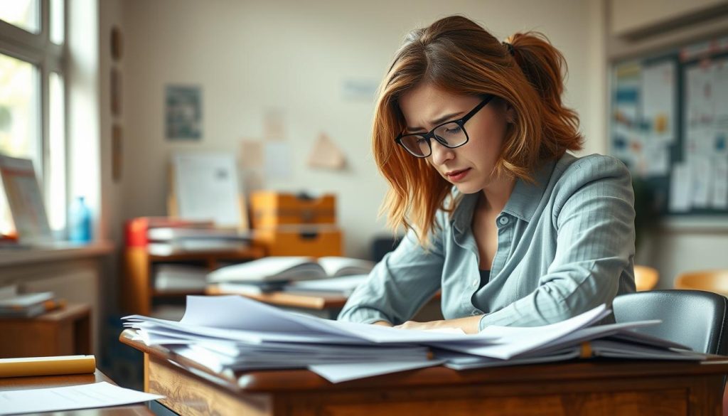 Exhausted teacher at desk surrounded by papers showing the need for Self Care Exhausted teacher at desk surrounded by papers showing the need for Self Care