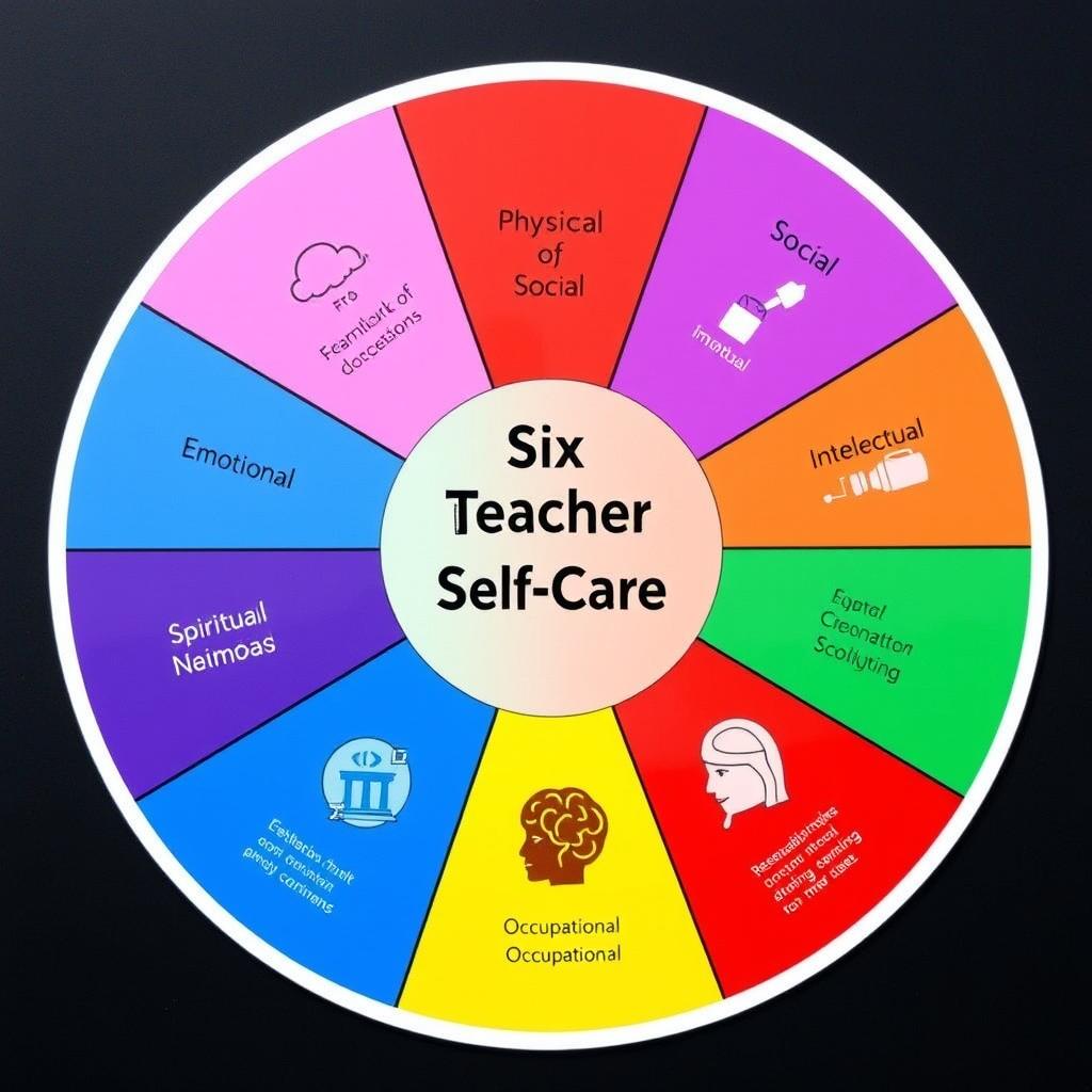 Six dimensions of self-care illustrated in a colorful wheel diagram for teachers Six dimensions of self-care illustrated in a colorful wheel diagram for teachers