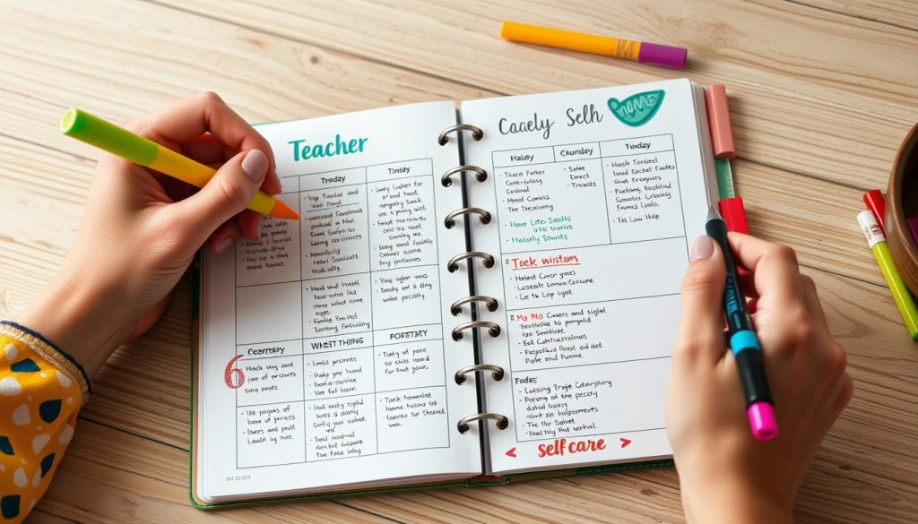 Teacher creating a Self-Care plan in a planner with colorful markers Teacher creating a Self-Care plan in a planner with colorful markers