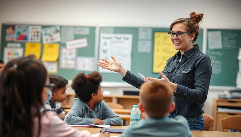Teacher demonstrating enhanced classroom skills after implementing self-care practices Teacher demonstrating enhanced classroom skills after implementing self-care practices