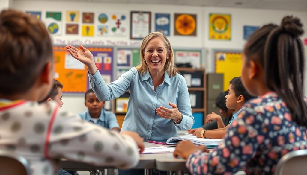 Teacher demonstrating improved classroom engagement after implementing self-care practices Teacher demonstrating improved classroom engagement after implementing self-care practices