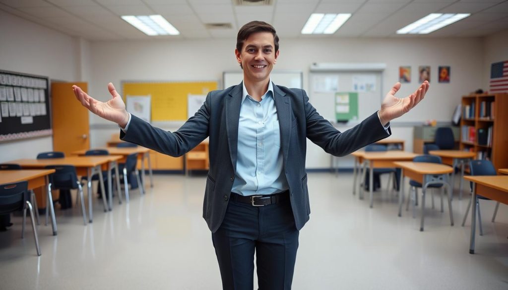 Teacher doing quick stretching exercises between classes in classroom Teacher doing quick stretching exercises between classes in classroom