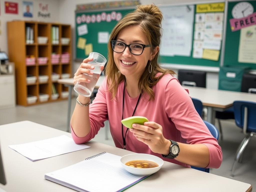 Teacher implementing practical self-care strategies during the school day