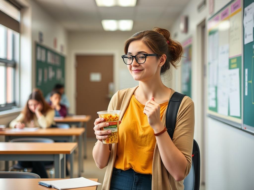 Teacher implementing quick self-care strategies between classes Teacher implementing quick self-care strategies between classes