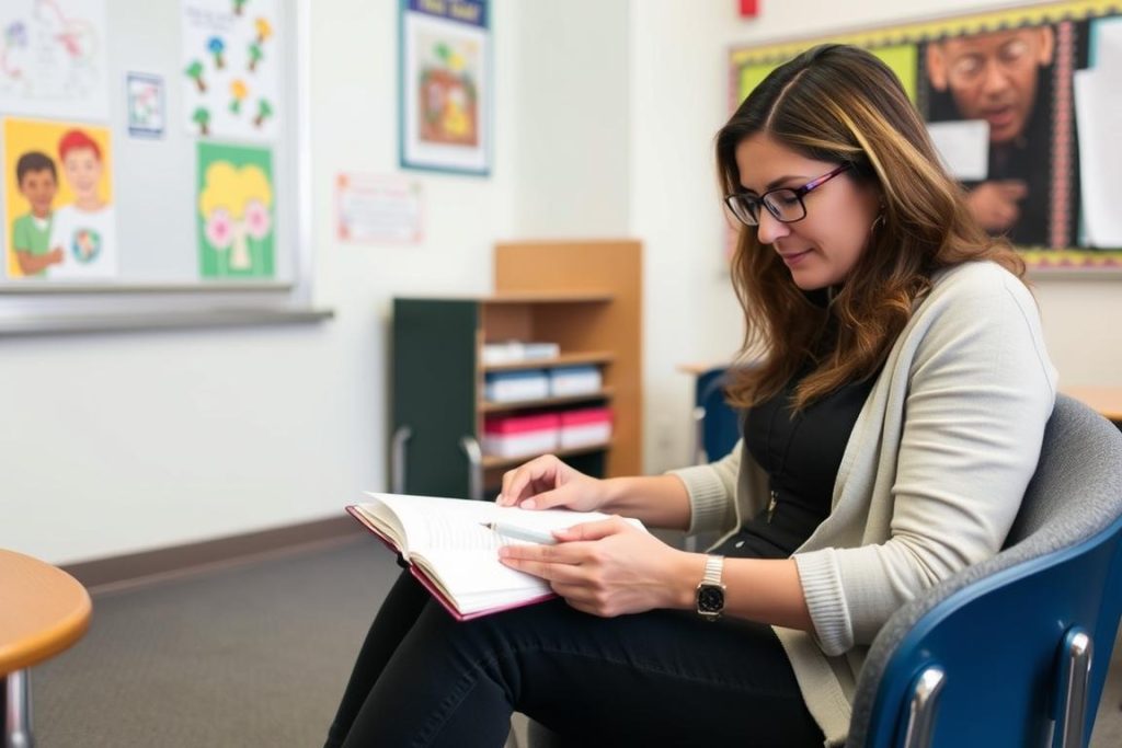 Teacher journaling in a quiet corner of the classroom after students have left Teacher journaling in a quiet corner of the classroom after students have left