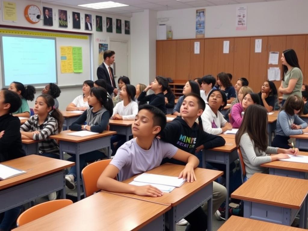 Teacher leading students in a brief mindfulness exercise as part of classroom Self-Care Teacher leading students in a brief mindfulness exercise as part of classroom Self-Care