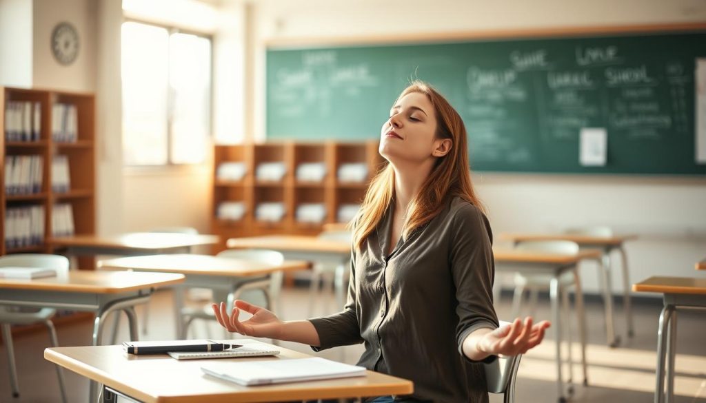 Teacher practicing Self Care by meditating at her desk after school Teacher practicing Self Care by meditating at her desk after school