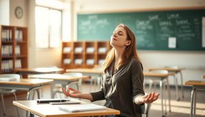 Teacher practicing Self Care by meditating at her desk after school Teacher practicing Self Care by meditating at her desk after school