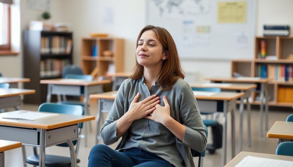 Teacher practicing Self-Care during high-stress period with simple calming techniques Teacher practicing Self-Care during high-stress period with simple calming techniques