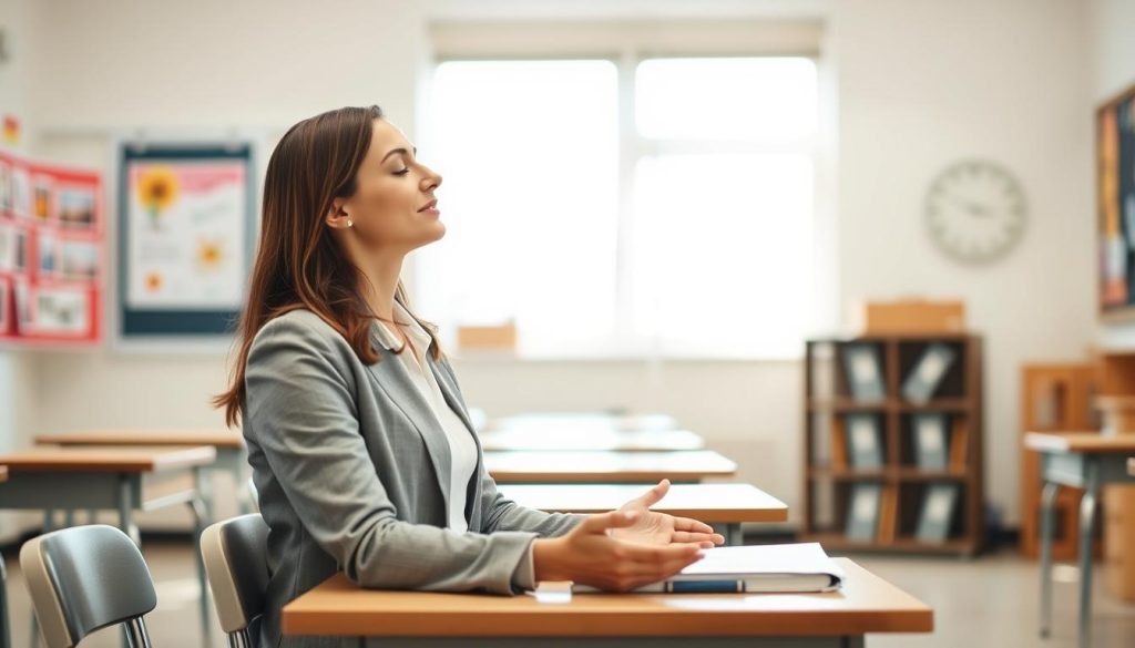 Teacher practicing mindfulness during a break in an empty classroom Guide to Self Care Teacher practicing mindfulness during a break in an empty classroom Guide to Self Care