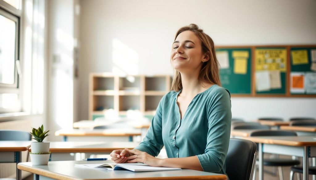 Teacher practicing self care by meditating at her desk after school hours Teacher practicing self care by meditating at her desk after school hours