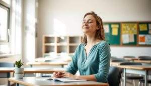 Teacher practicing self care by meditating at her desk after school hours Teacher practicing self care by meditating at her desk after school hours