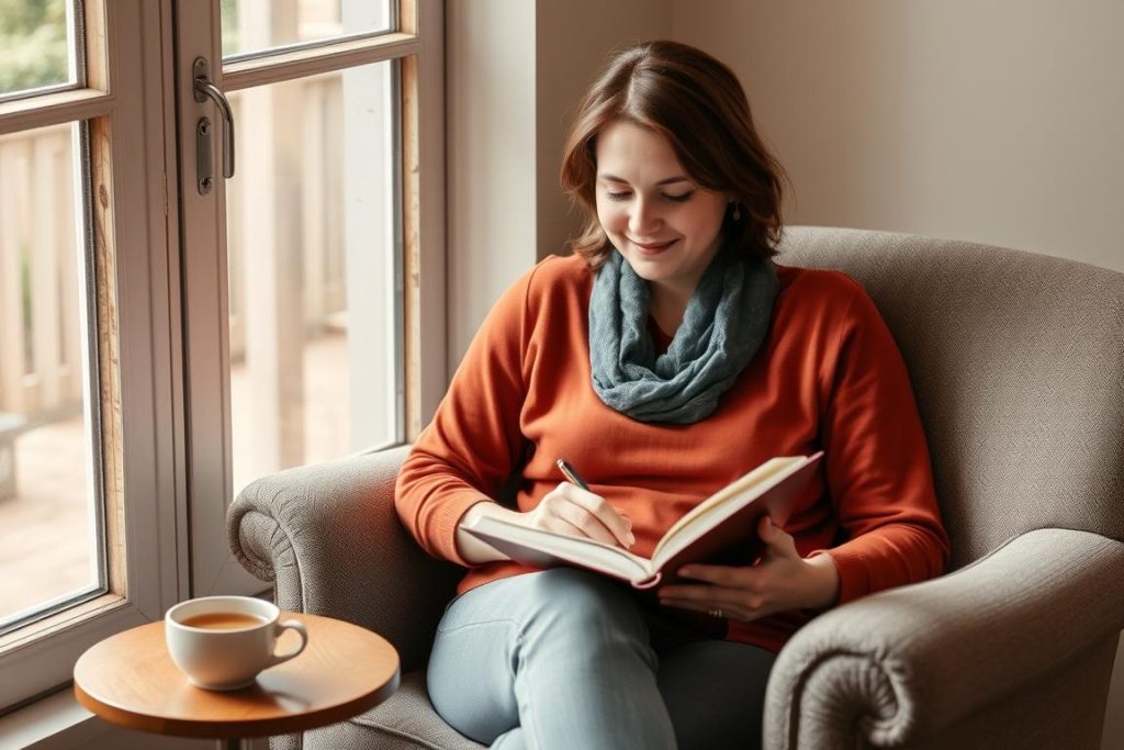 Teacher practicing self-care through journaling and reflection