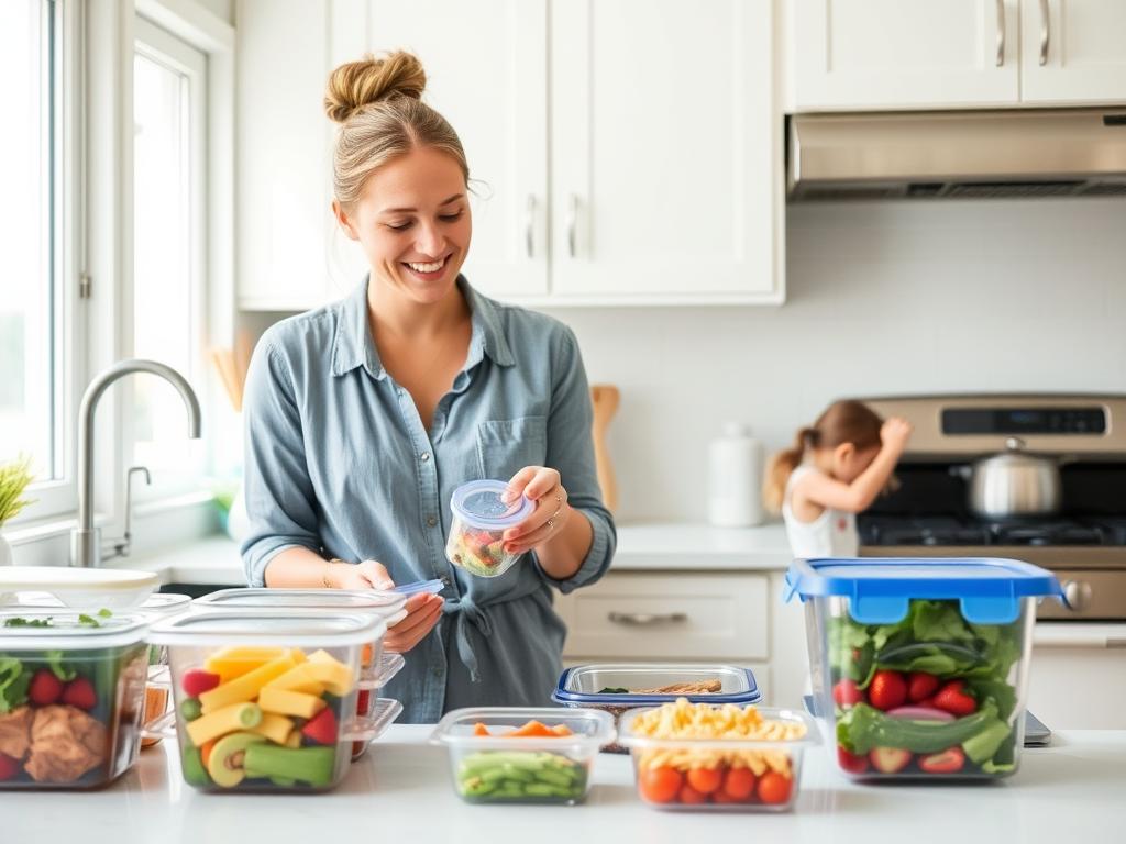 Teacher preparing healthy meal prep containers for the school week