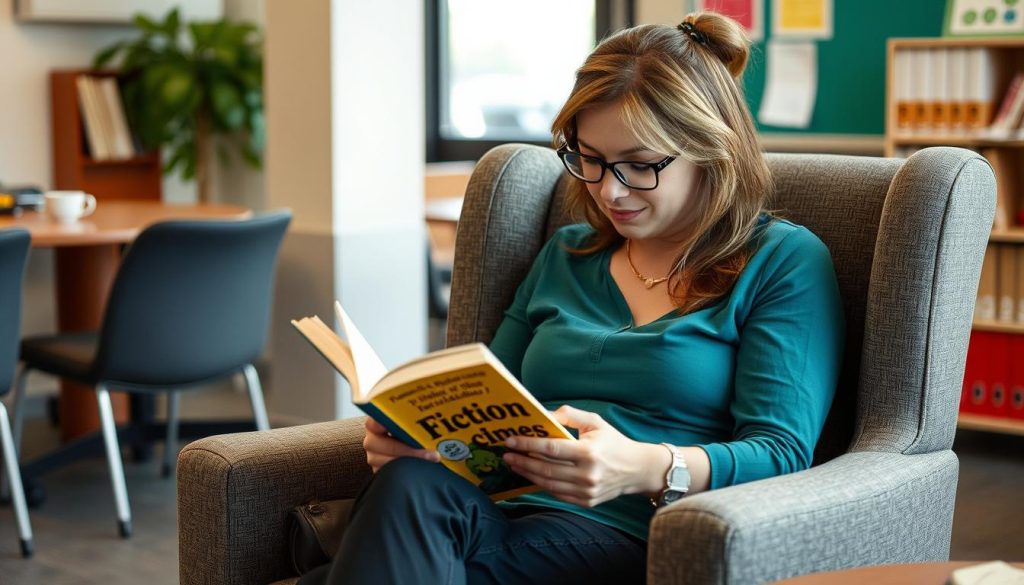 Teacher reading a non-education book during lunch break for cognitive Self-Care Teacher reading a non-education book during lunch break for cognitive Self-Care