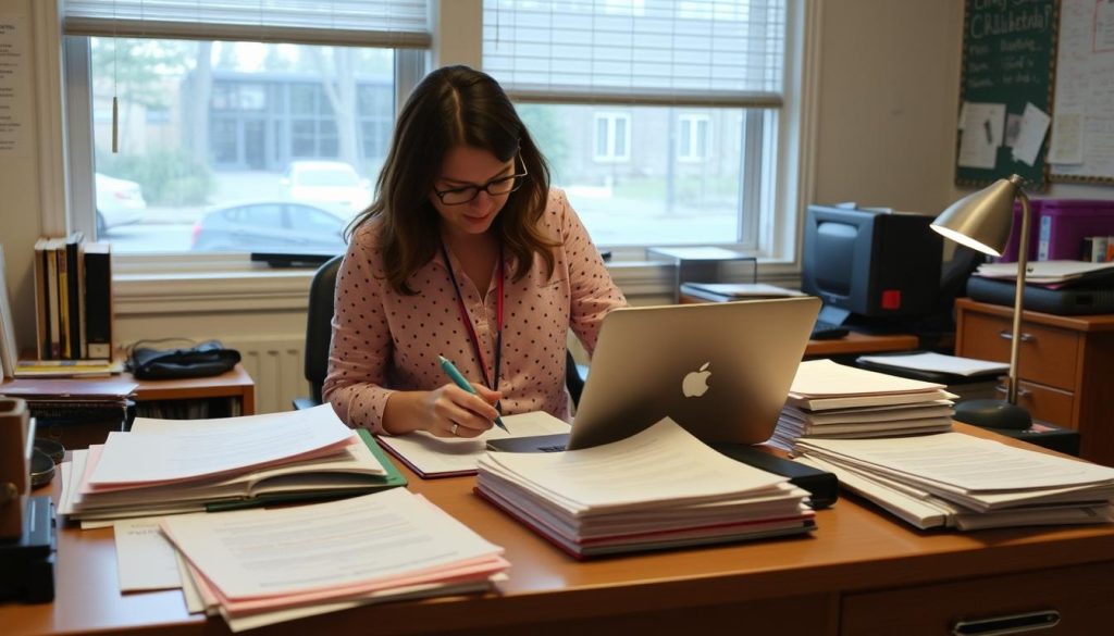 Teacher setting boundaries by leaving school at a reasonable hour with work still on desk Teacher setting boundaries by leaving school at a reasonable hour with work still on desk