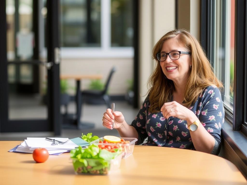 Teacher taking a mindful lunch break away from classroom Teacher taking a mindful lunch break away from classroom