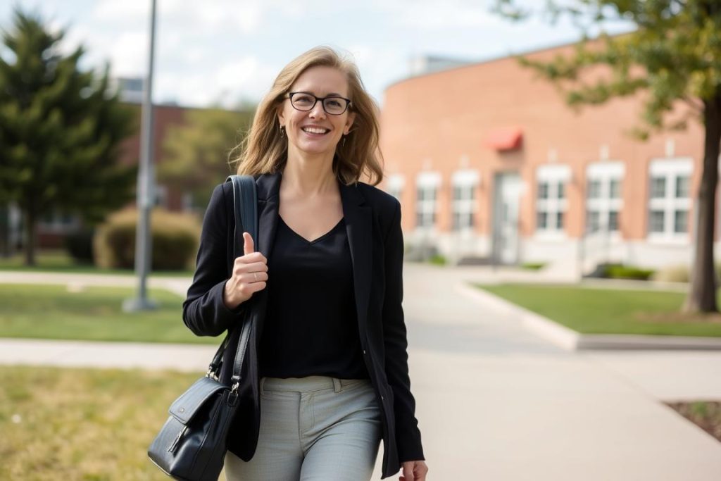 Teacher taking a mindful walk outdoors as part of Self-Care routine Teacher taking a mindful walk outdoors as part of Self-Care routine