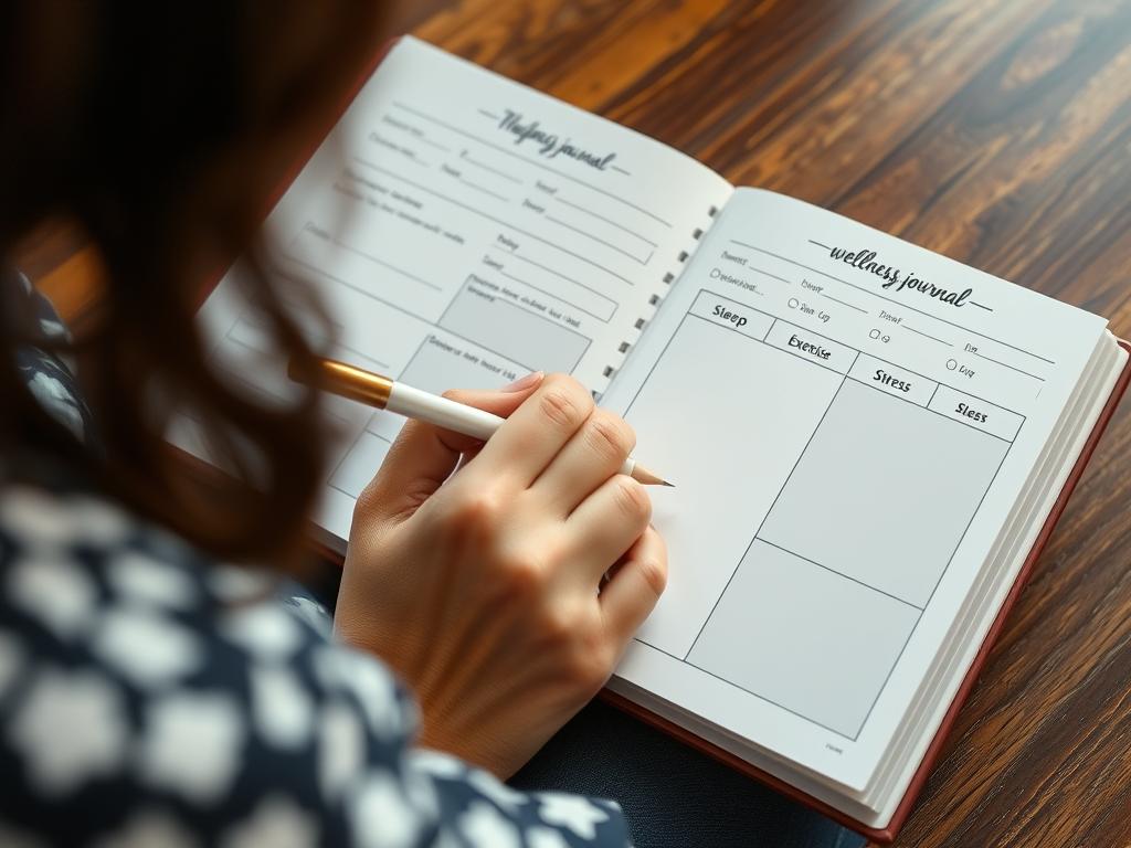 Teacher tracking Self-Care progress in a wellness journal Teacher tracking Self-Care progress in a wellness journal