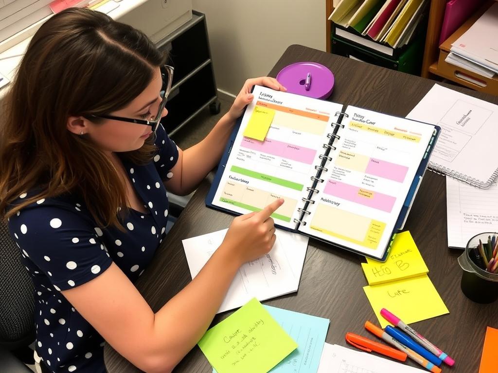 Teacher using a structured planner to organize tasks and schedule Self-Care activities Teacher using a structured planner to organize tasks and schedule Self-Care activities