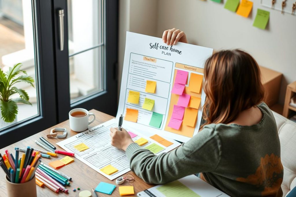 Teacher working on a personalized Self-Care plan with colorful markers and template Teacher working on a personalized Self-Care plan with colorful markers and template