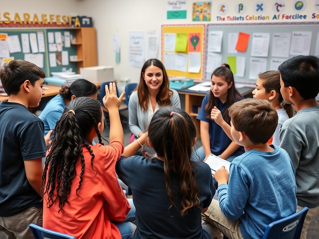 A diverse group of middle school students collaborating with their teacher, showing how relationships matter in collaborative learning A diverse group of middle school students collaborating with their teacher, showing how relationships matter in collaborative learning