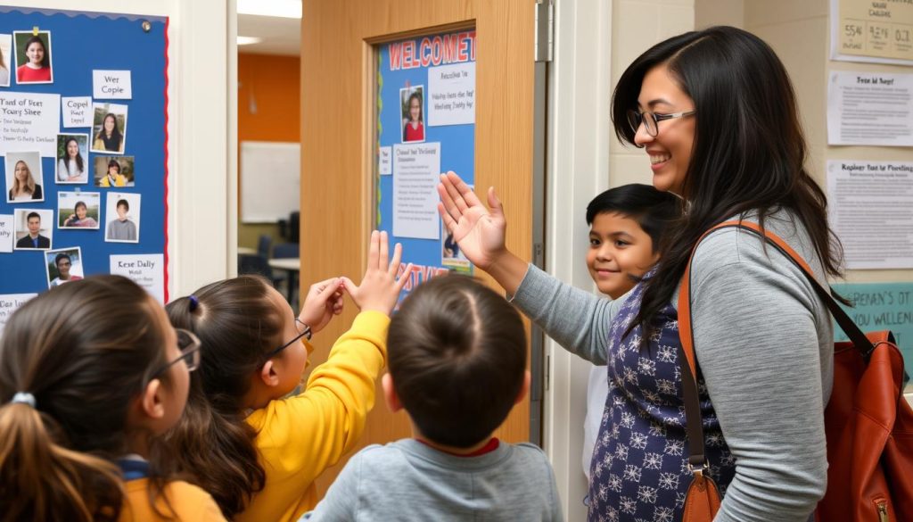 A teacher greeting students individually at the classroom door, demonstrating how relationships matter through daily interactions A teacher greeting students individually at the classroom door, demonstrating how relationships matter through daily interactions