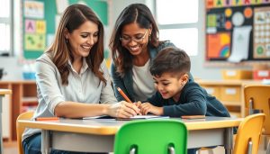 A teacher smiling while helping an elementary student with a project demonstrating why A teacher smiling while helping an elementary student with a project, demonstrating why relationships matter in education
