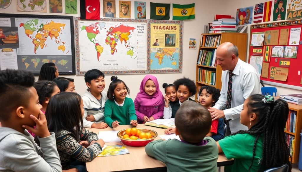 Classroom displaying diverse cultural elements and students sharing cultural traditions Classroom displaying diverse cultural elements and students sharing cultural traditions