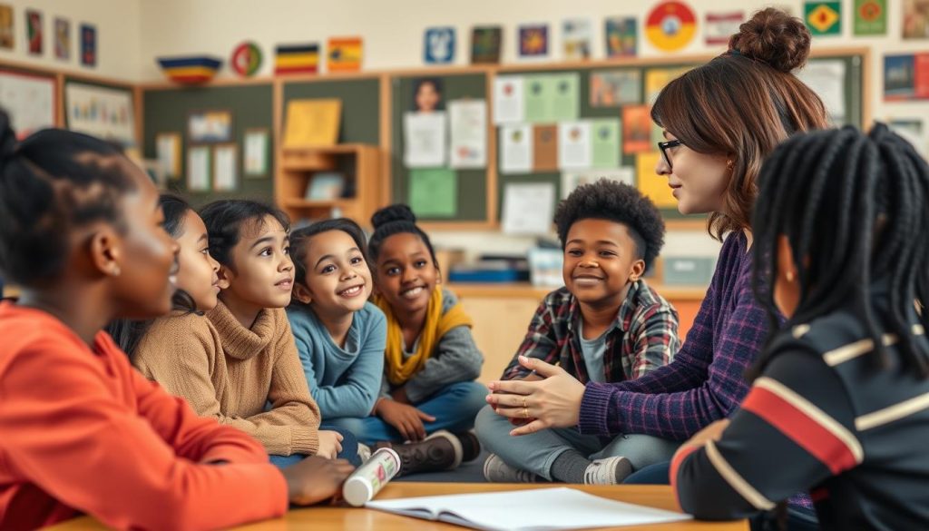 Diverse classroom with teacher building relationships across cultural differences Diverse classroom with teacher building relationships across cultural differences