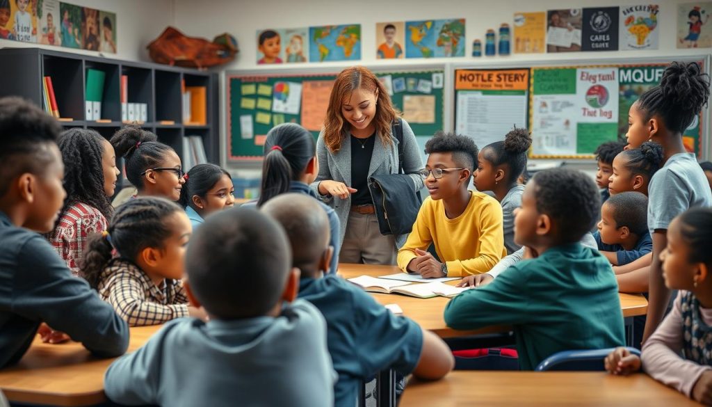 Diverse group of students engaged in collaborative learning with teacher support Diverse group of students engaged in collaborative learning with teacher support