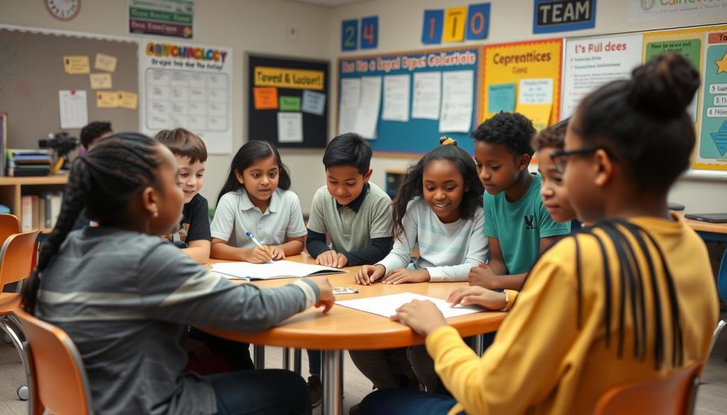 Diverse students engaged in collaborative classroom community-building activity Diverse students engaged in collaborative classroom community-building activity