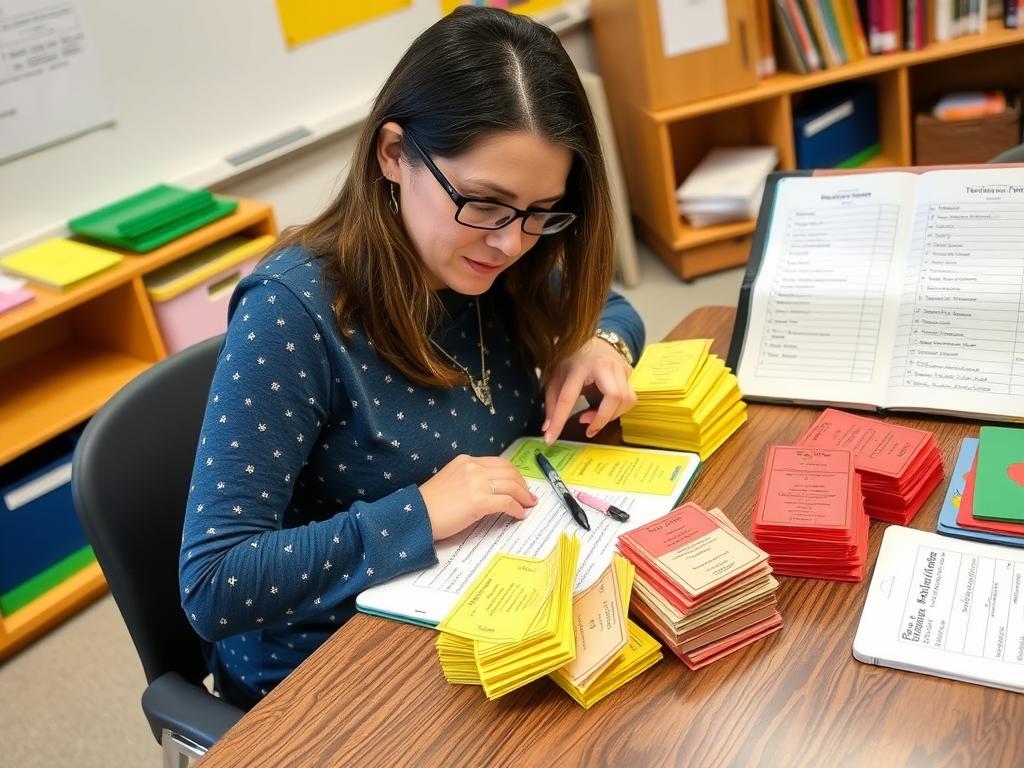 Elementary teacher reviewing color-coded exit tickets from students