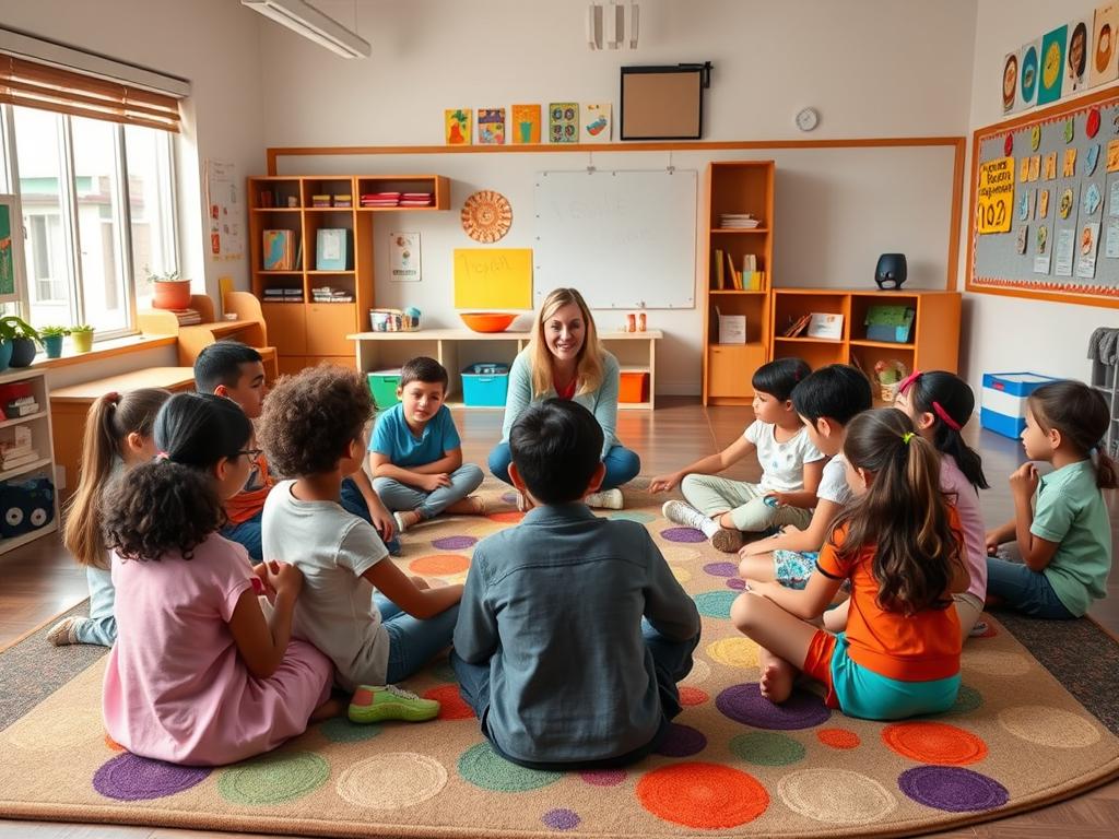 Morning meeting circle where students and teacher share experiences, building authentic relationships Morning meeting circle where students and teacher share experiences, building authentic relationships