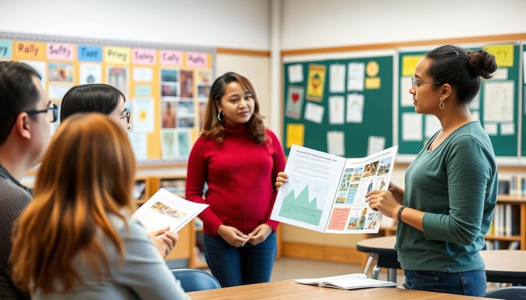 Student leading a conference with teacher and parents