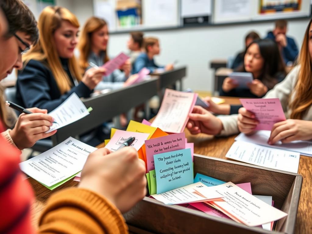 Students completing exit tickets with formative assessment questions at the end of class