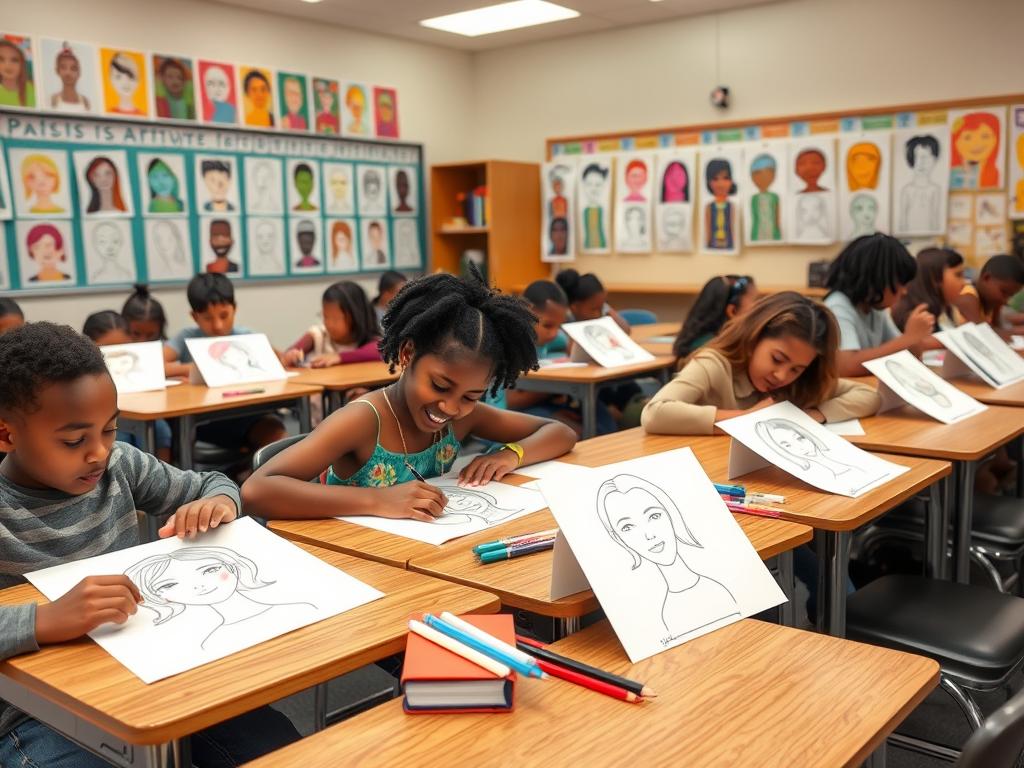 Students creating identity portraits to strengthen classroom relationships