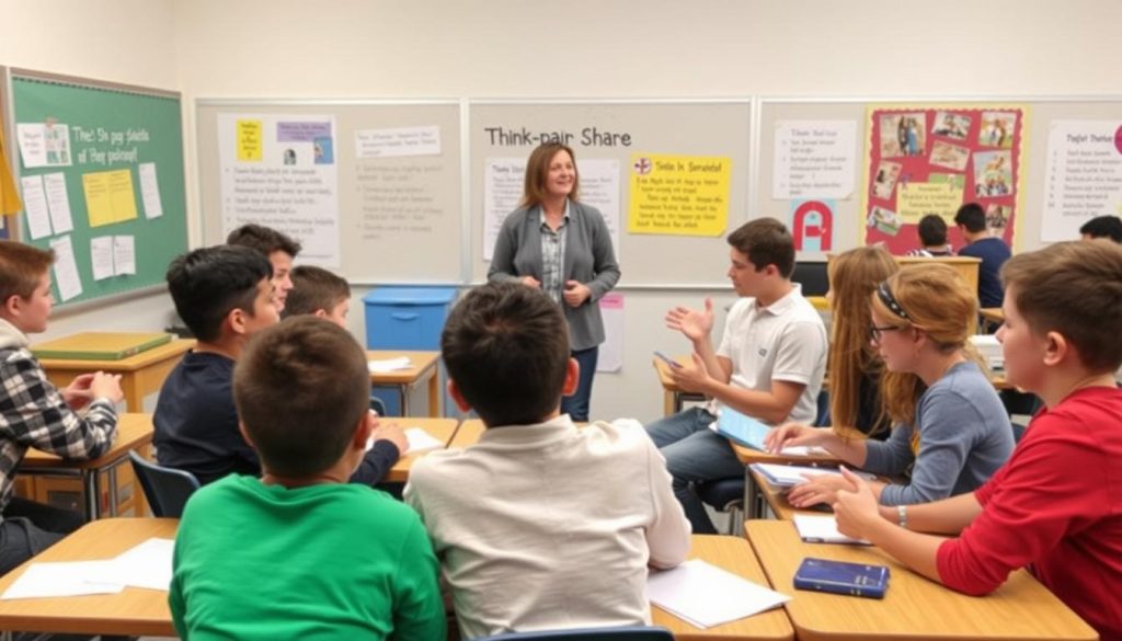 Students engaged in think-pair-share formative assessment activity in classroom