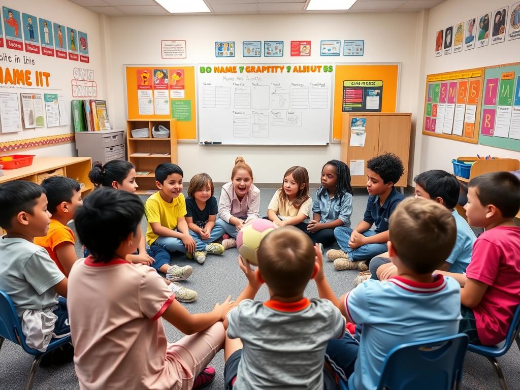 Students in a circle playing the name toss game to build classroom relationships