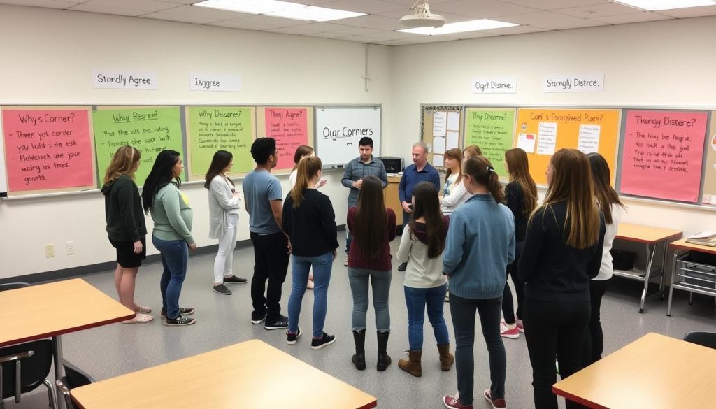 Students participating in four corners formative assessment activity in classroom