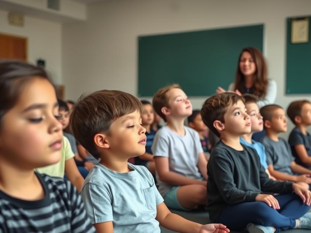 Students practicing mindfulness in a classroom setting