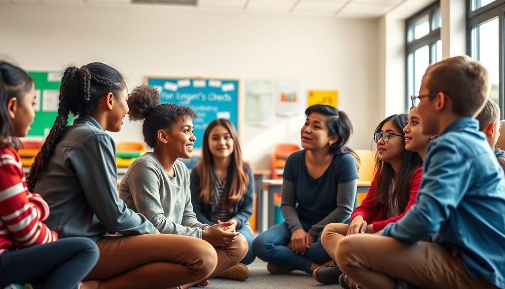 Teacher and diverse students collaborating in a classroom demonstrating essential supports for Teacher and diverse students collaborating in a classroom, demonstrating essential supports for learning
