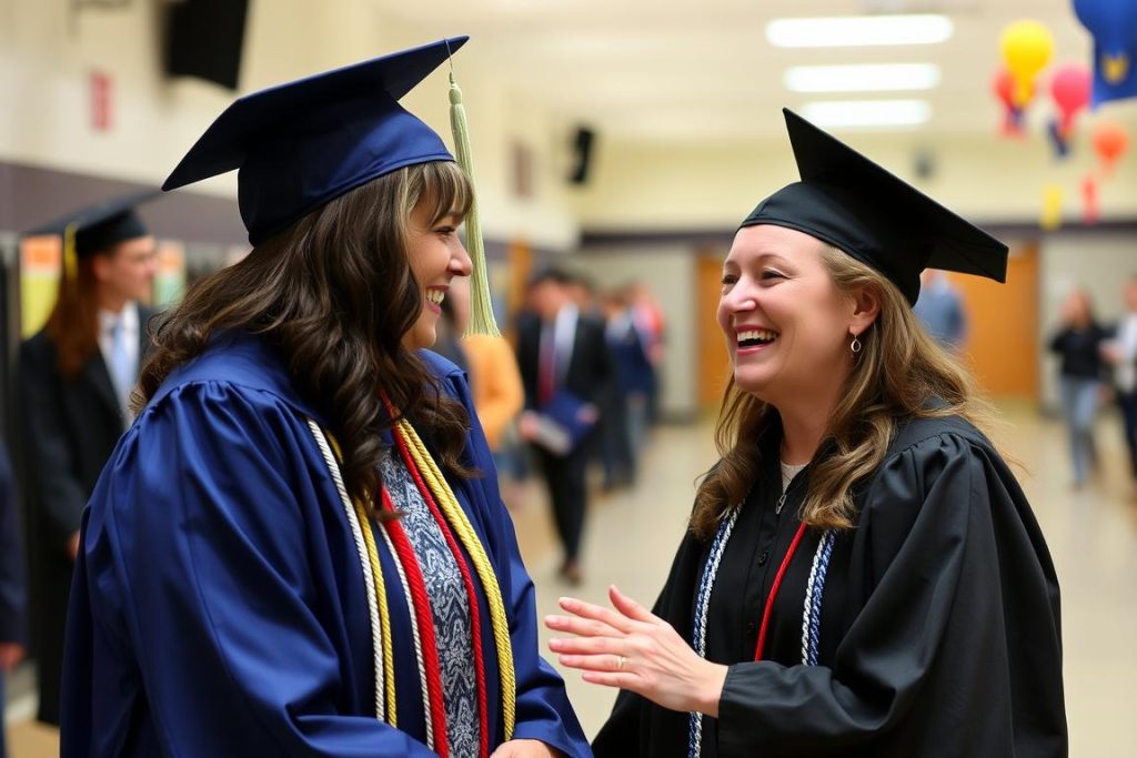 Teacher and former student reconnecting years later, demonstrating the lasting impact of building relationships Teacher and former student reconnecting years later, demonstrating the lasting impact of building relationships