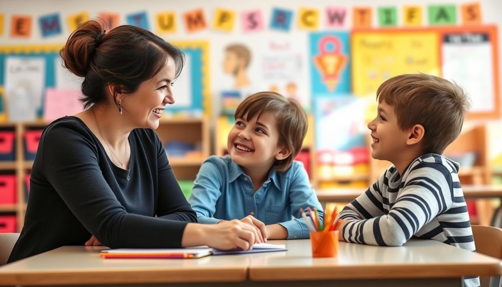 Teacher and parent discussing a students progress with the student present demonstrating Teacher and parent discussing a student's progress with the student present, demonstrating positive building parent teacher relationships