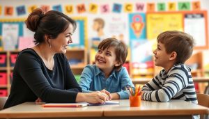 Teacher and parent discussing a students progress with the student present demonstrating Teacher and parent discussing a student's progress with the student present, demonstrating positive building parent teacher relationships