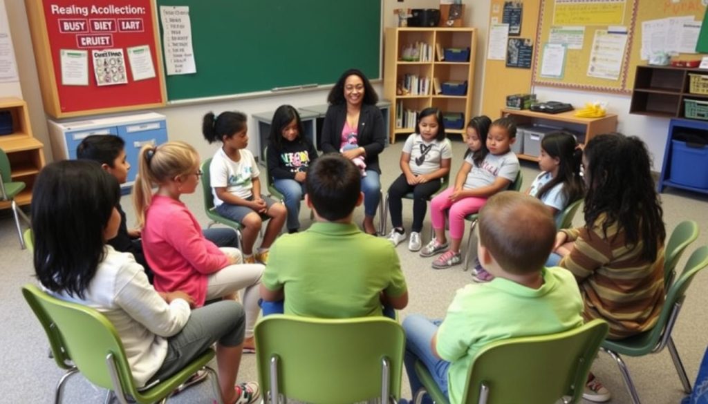 Teacher and student engaged in a restorative circle activity with classmates, building relationships through community restoration Teacher and student engaged in a restorative circle activity with classmates, building relationships through community restoration