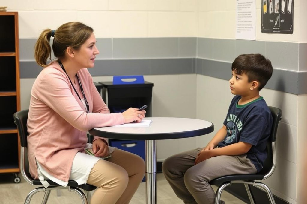 Teacher and student engaged in a restorative conversation after a classroom conflict, building relationships through conflict resolution Teacher and student engaged in a restorative conversation after a classroom conflict, building relationships through conflict resolution