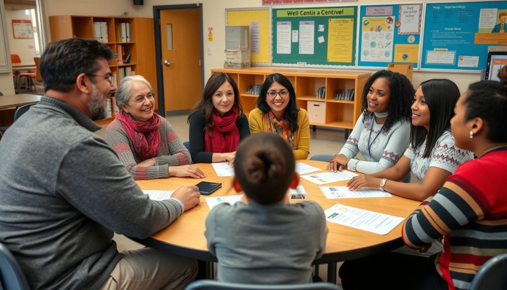 Teacher and translator meeting with parents from diverse cultural backgrounds