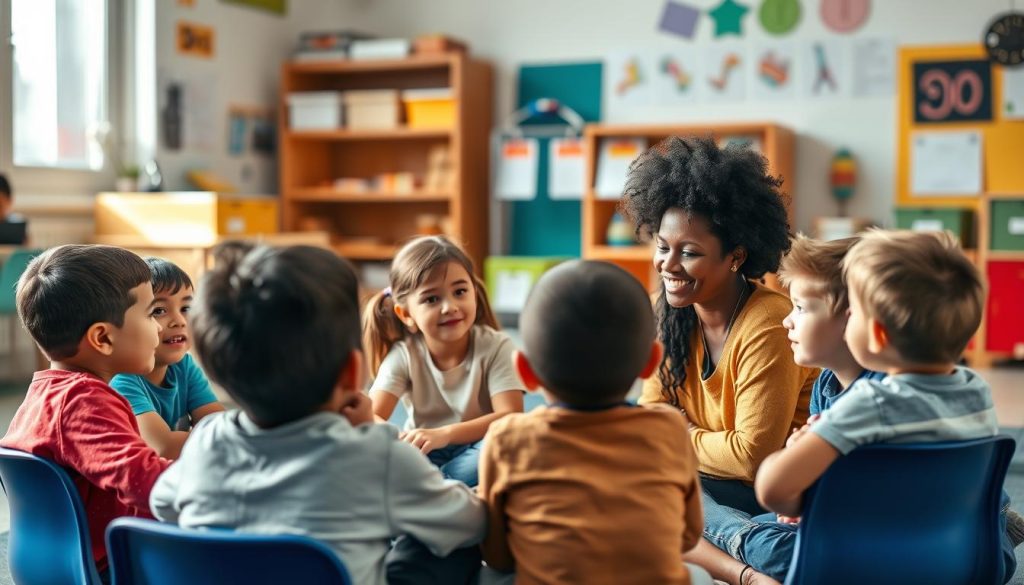 Teacher building relationships with students during a classroom discussion Teacher building relationships with students during a classroom discussion