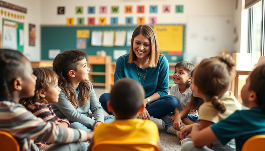 Teacher connecting with diverse group of elementary students in a classroom setting Teacher connecting with diverse group of elementary students in a classroom setting